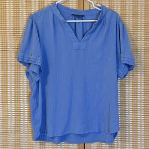 Well Worn Womens 2X Top Blue Short Sleeve Gauzy V Neck Cottagecore Western Boho